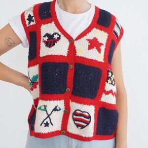Vintage Christopher Banks Red Navy Patchwork Heart Americana Star Knit Vest S